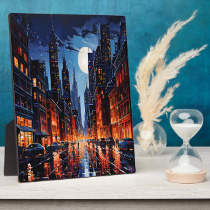 Vibrant Cityscape at Night Urban Art Plaque