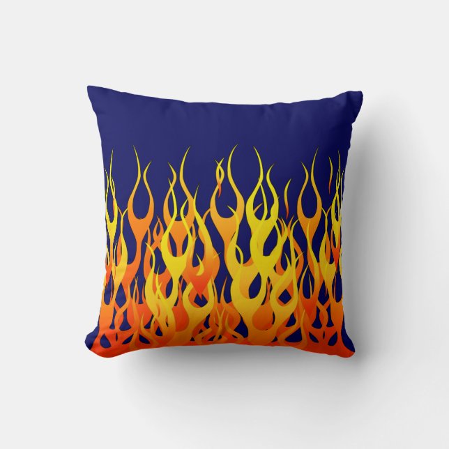 Vibrant Classic Racing Flames on Navy Blue Cushion (Front)