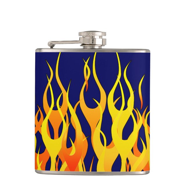 Vibrant Classic Racing Flames on Navy Blue Hip Flask (Front)