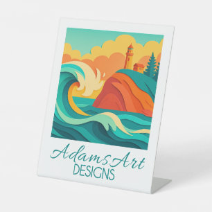 Vibrant Coastal Lighthouse Wave Papercut Art Pedestal Sign