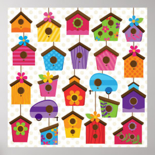 Vibrant color bird houses poster