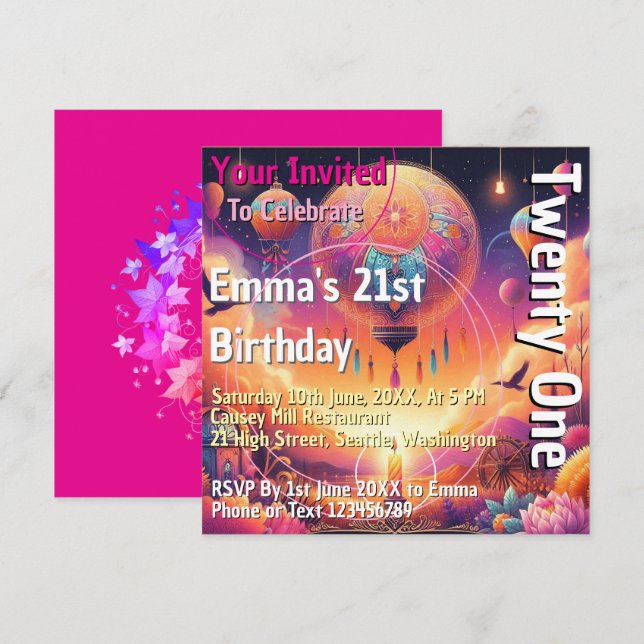 Vibrant Colored Birthday Balloon Invitation 21st (Front/Back)