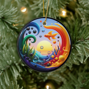 Vibrant Colored Glass Abstract Goldfish Ceramic Ornament