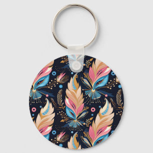 Vibrant Colorful Boho Tribal Feathers Dark Aesthet Key Ring