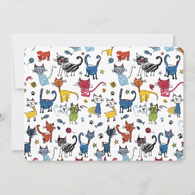 Vibrant Colorful Cats Hand Draw Kitten Invitation (Front)