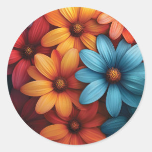 Vibrant Colorful Daisy, Blue, Yellow, Orange Color Classic Round Sticker