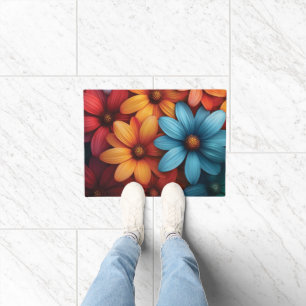 Vibrant Colorful Daisy, Blue, Yellow, Orange Color Doormat