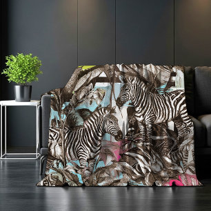 Vibrant Colorful Mixed Zebra Jungle Pattern Fleece Blanket