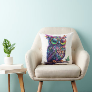 Vibrant Colorful Owl with Vibrant Glasses Design Cushion