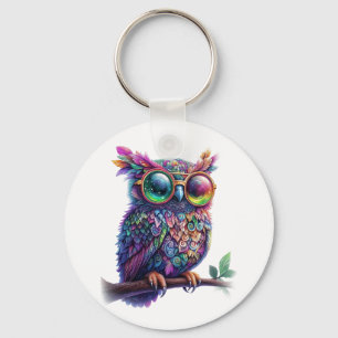 Vibrant Colorful Owl with Vibrant Glasses Design Key Ring
