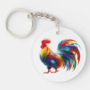 Vibrant Colorful Rooster Art Key Ring