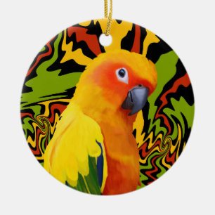 Vibrant Colorful Sun Conure Parrot Ceramic Ornament