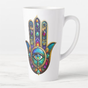 Vibrant Colors Hamsa Turquoise Yellow Third Eye  Latte Mug