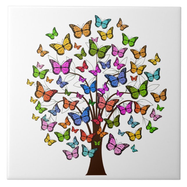 Vibrant colour butterfly tree ceramic tile (Front)