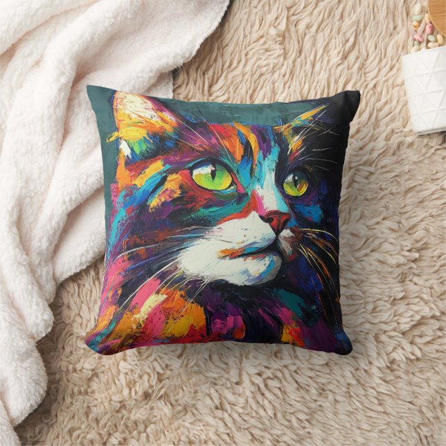  Vibrant Colour Cat Face Art Decorative Pillow  (Blanket)