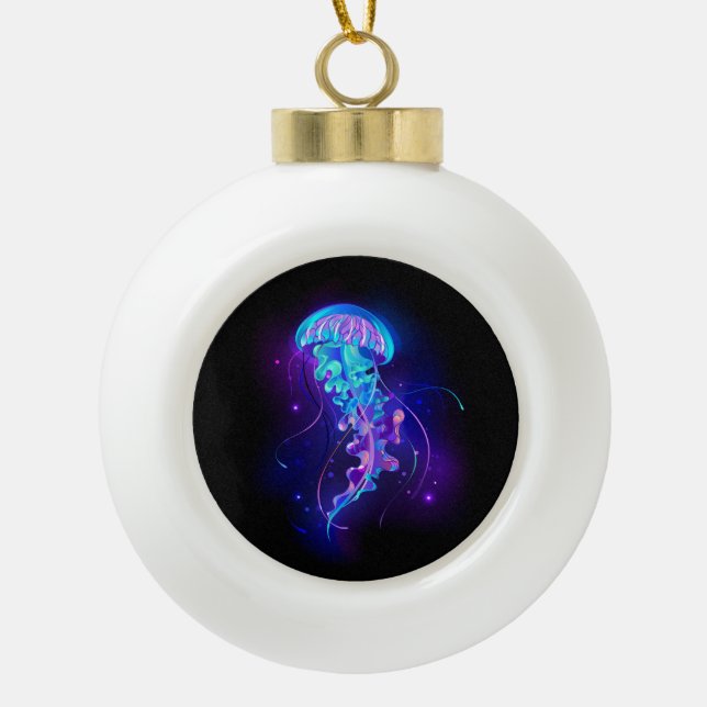 Vibrant Colour Glowing Jellyfish Ceramic Ball Christmas Ornament (Front)