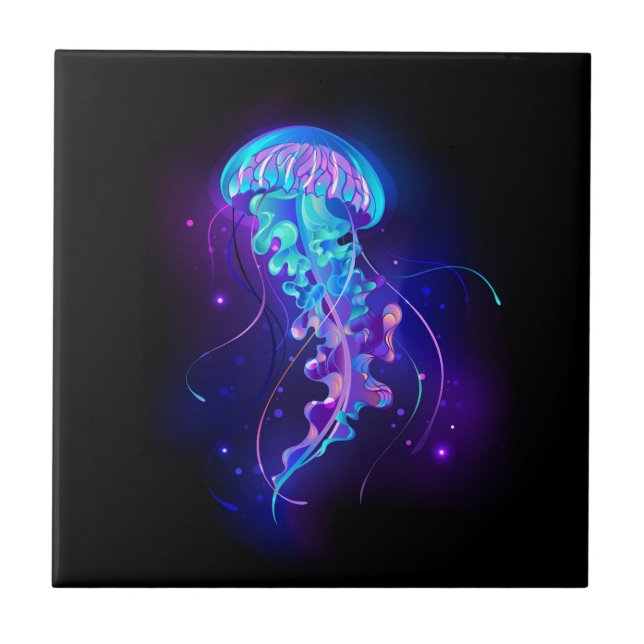 Vibrant Colour Glowing Jellyfish Ceramic Tile (Front)