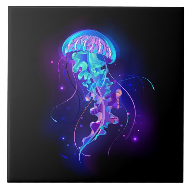 Vibrant Colour Glowing Jellyfish Ceramic Tile (Front)