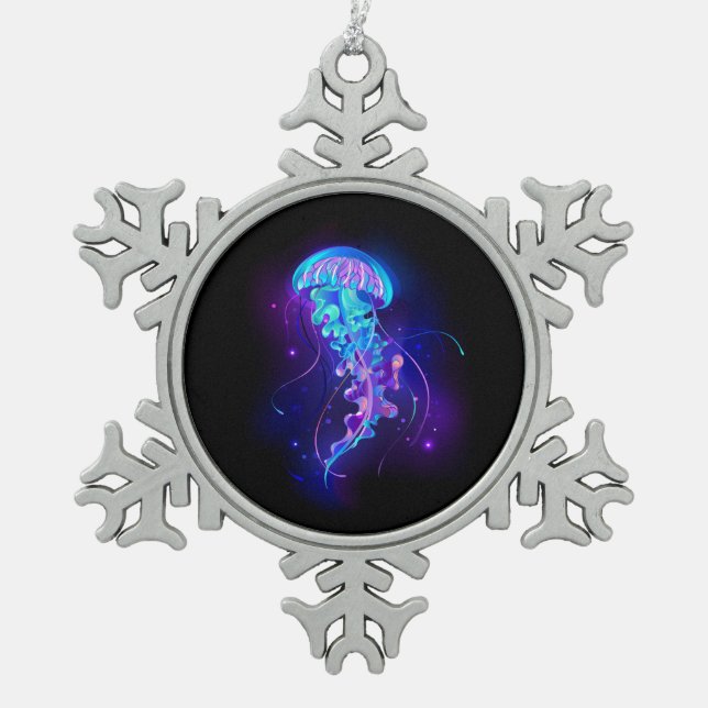 Vibrant Colour Glowing Jellyfish Snowflake Pewter Christmas Ornament (Front)
