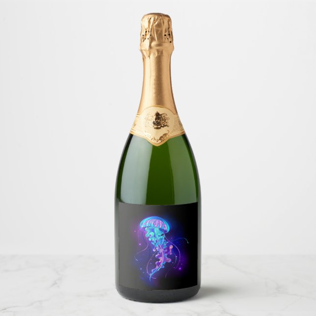 Vibrant Colour Glowing Jellyfish Sparkling Wine Label (Front)