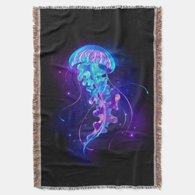 Vibrant Colour Glowing Jellyfish Throw Blanket (Front Vertical)