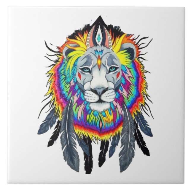 Vibrant colour Lion Drawing Ceramic Tile (Front)