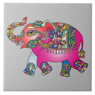 Vibrant Colour Mandala Elephant Ceramic Tile