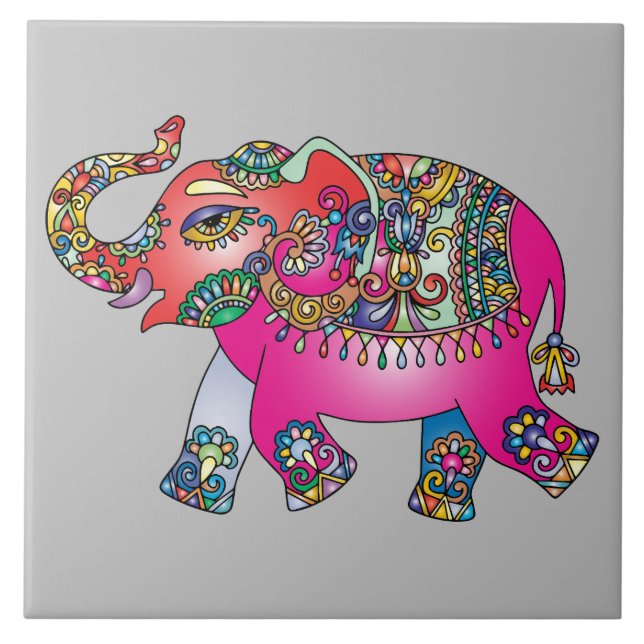Vibrant Colour Mandala Elephant Ceramic Tile (Front)