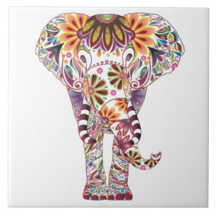 Vibrant Colour Mandala Elephant Ceramic Tile