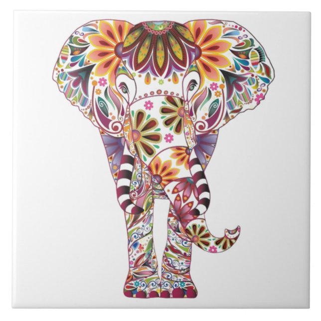 Vibrant Colour Mandala Elephant Ceramic Tile (Front)