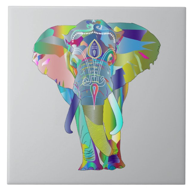 Vibrant Colour Mandala Elephant Ceramic Tile (Front)