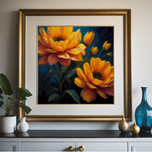 Vibrant Colour Yellow Orange Flowers on Blue 1:1 Poster
