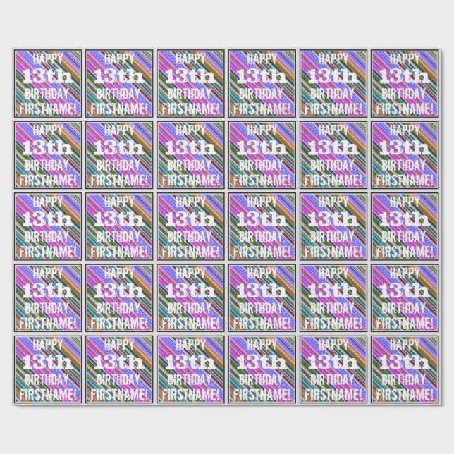 Vibrant, Colourful 13th Birthday + Custom Name Wrapping Paper (Flat)