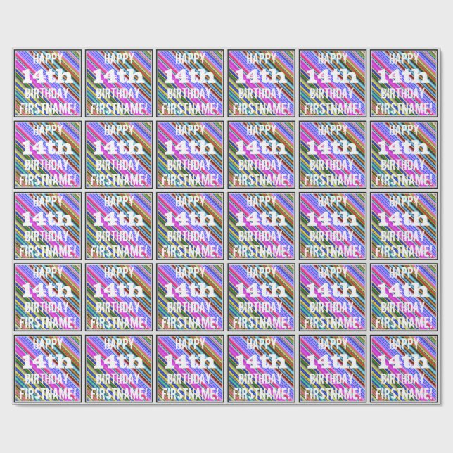 Vibrant, Colourful 14th Birthday + Custom Name Wrapping Paper (Flat)