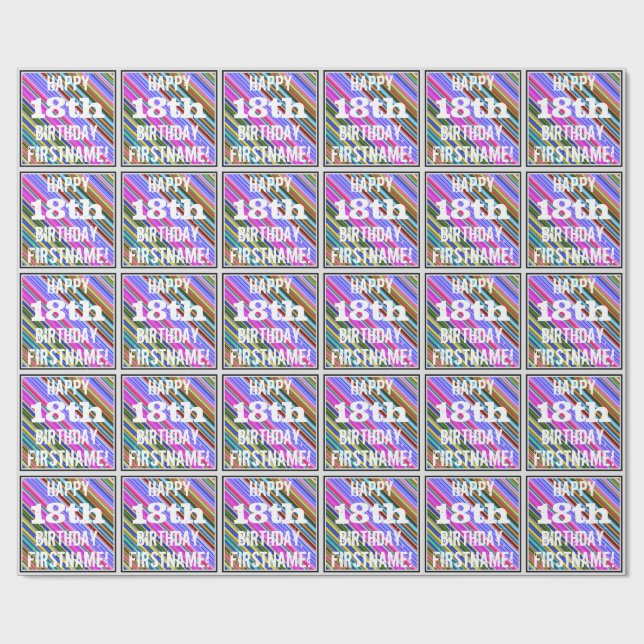 Vibrant, Colourful 18th Birthday + Custom Name Wrapping Paper (Flat)