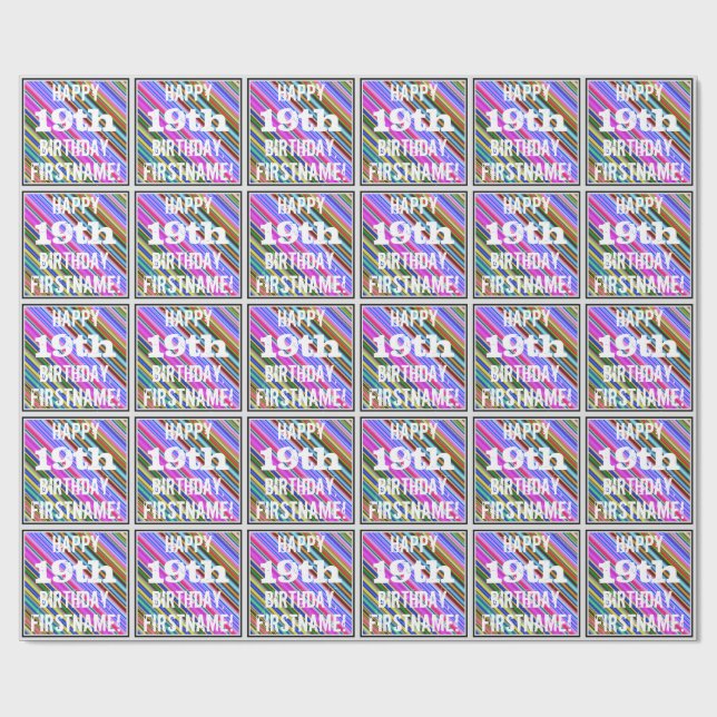 Vibrant, Colourful 19th Birthday + Custom Name Wrapping Paper (Flat)