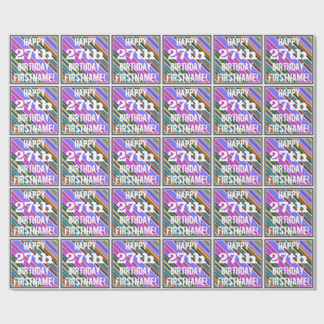 Vibrant, Colourful 27th Birthday + Custom Name Wrapping Paper (Flat)
