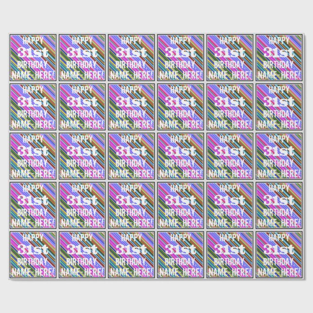 Vibrant, Colourful 31st Birthday + Custom Name Wrapping Paper (Flat)