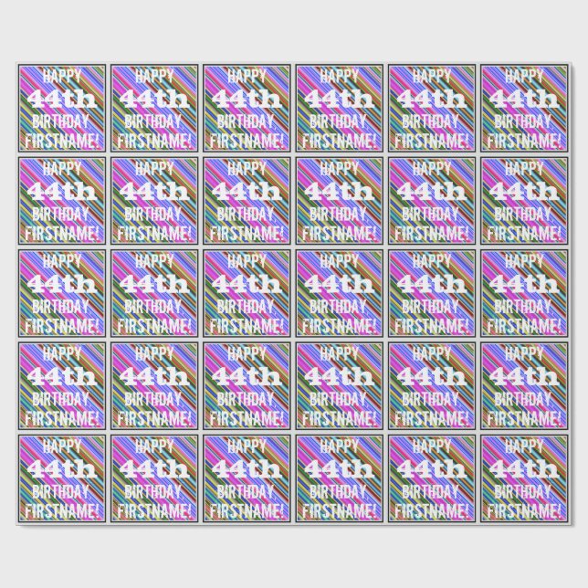 Vibrant, Colourful 44th Birthday + Custom Name Wrapping Paper (Flat)