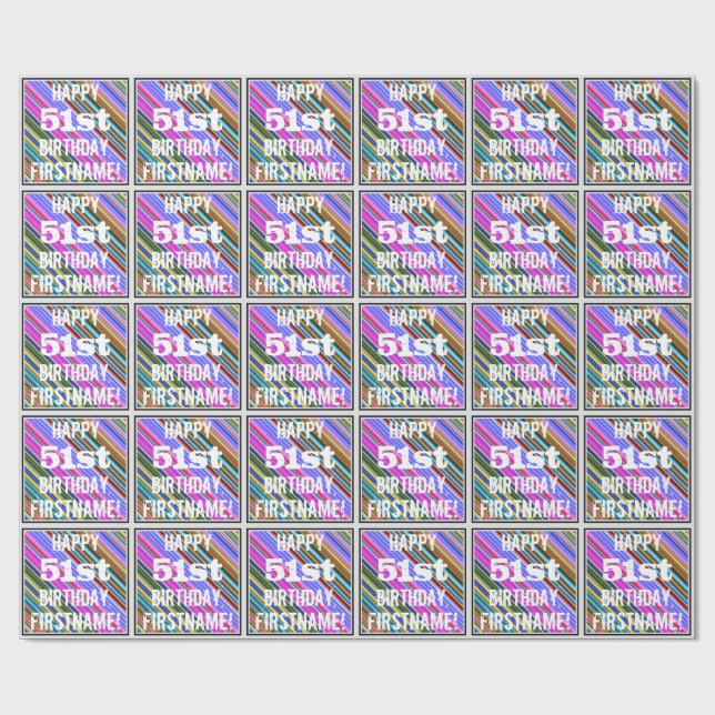 Vibrant, Colourful 51st Birthday + Custom Name Wrapping Paper (Flat)