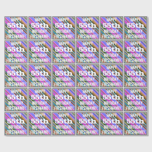 Vibrant, Colourful 55th Birthday + Custom Name Wrapping Paper (Flat)