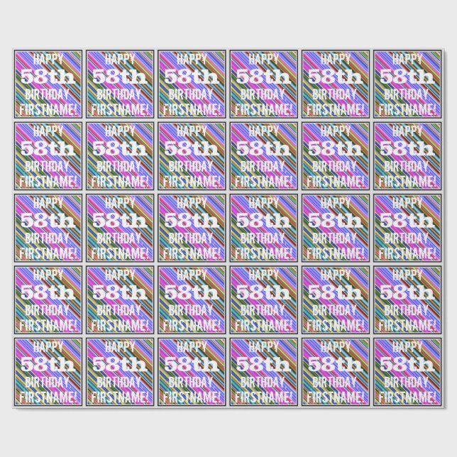 Vibrant, Colourful 58th Birthday + Custom Name Wrapping Paper (Flat)