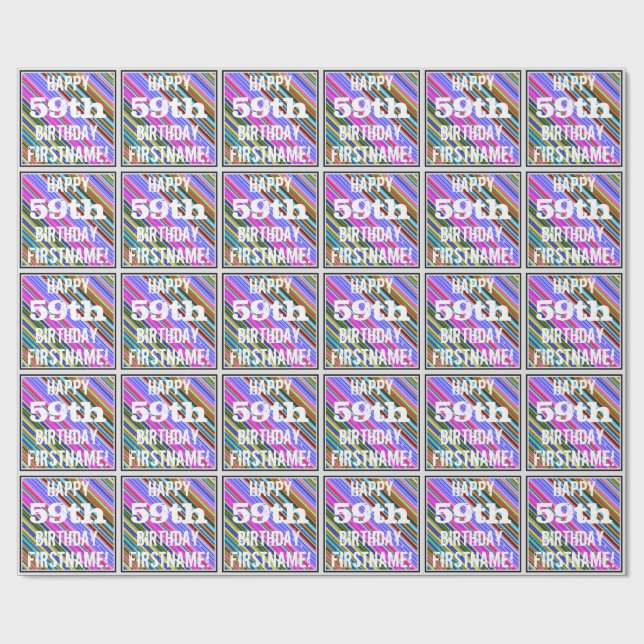 Vibrant, Colourful 59th Birthday + Custom Name Wrapping Paper (Flat)