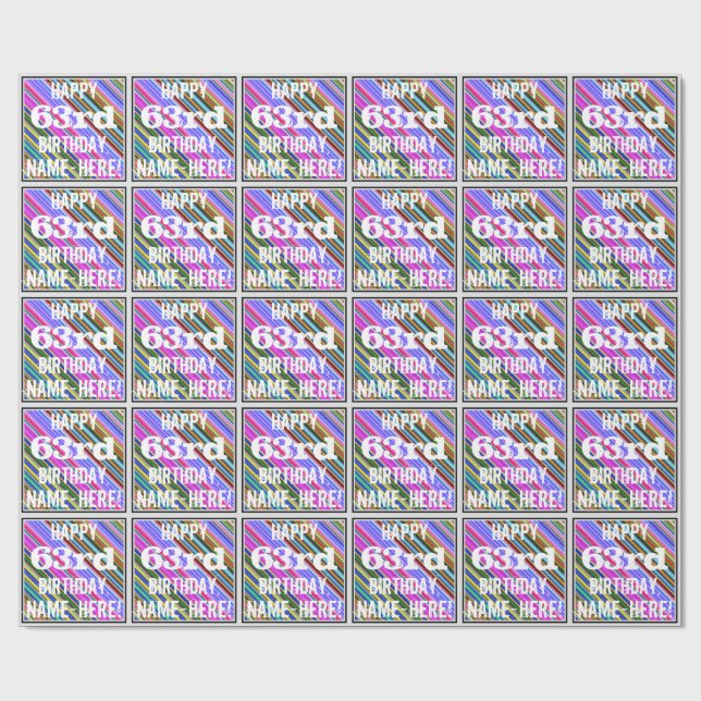 Vibrant, Colourful 63rd Birthday + Custom Name Wrapping Paper (Flat)