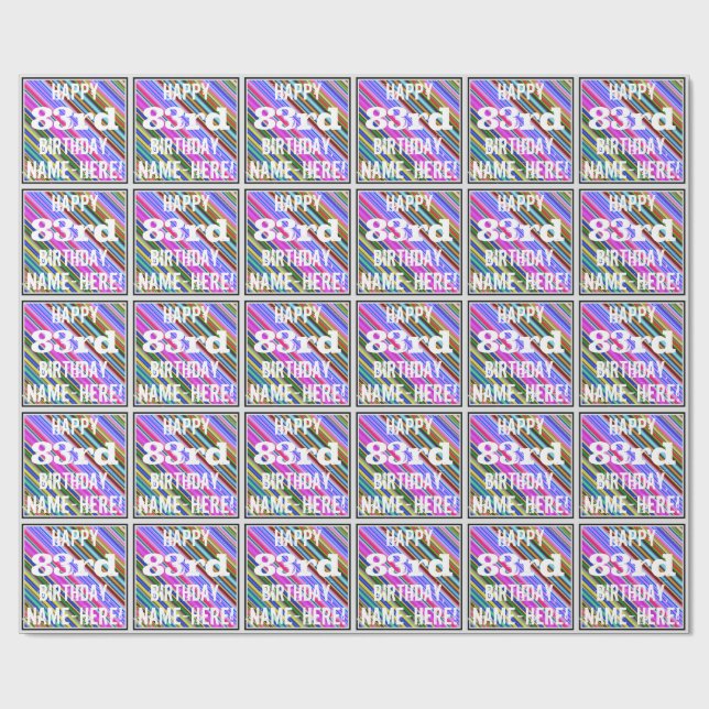Vibrant, Colourful 83rd Birthday + Custom Name Wrapping Paper (Flat)