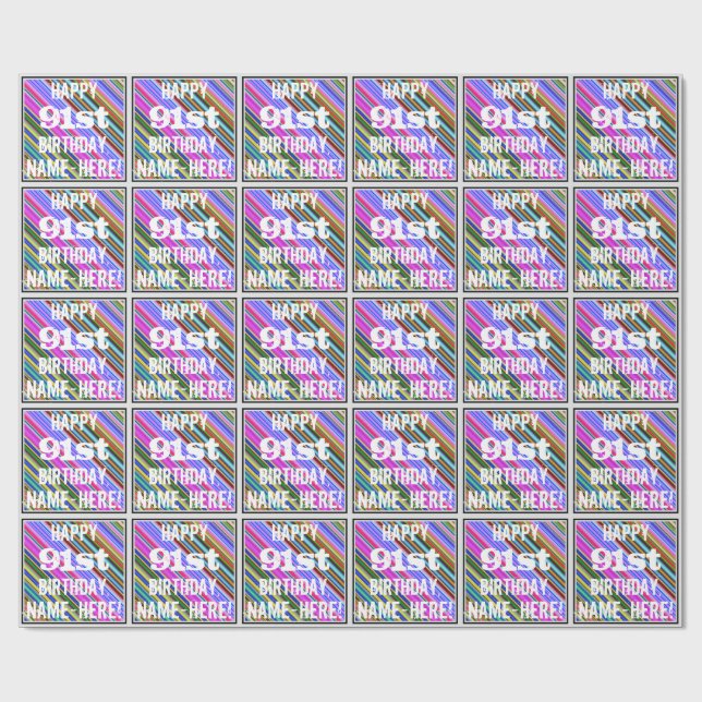 Vibrant, Colourful 91st Birthday + Custom Name Wrapping Paper (Flat)