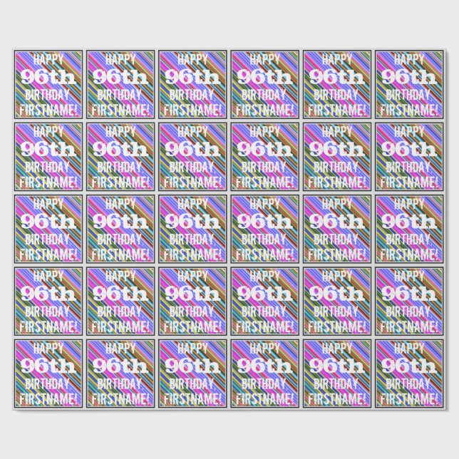 Vibrant, Colourful 96th Birthday + Custom Name Wrapping Paper (Flat)