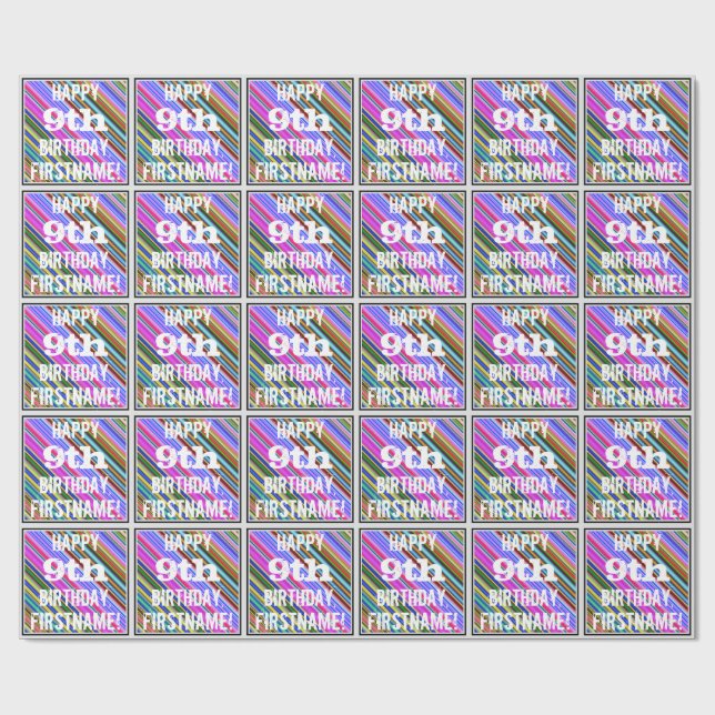Vibrant, Colourful 9th Birthday + Custom Name Wrapping Paper (Flat)