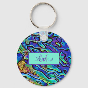 Vibrant, Colourful Abalone Shell Monogrammed Key Ring