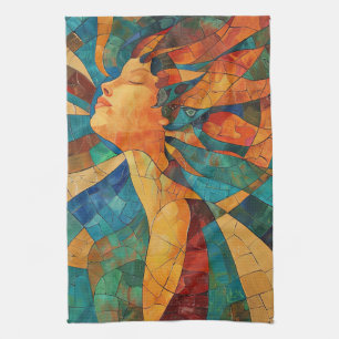 Vibrant Colourful Abstract Mosaic Woman Tea Towel